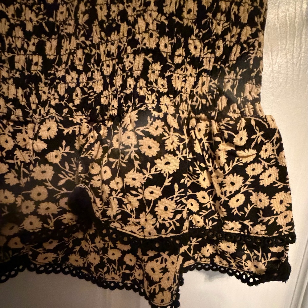 Lost+Wander Black Mini with Gold Floral Print, all over smocking, ruffle trim.S - Picture 7 of 14